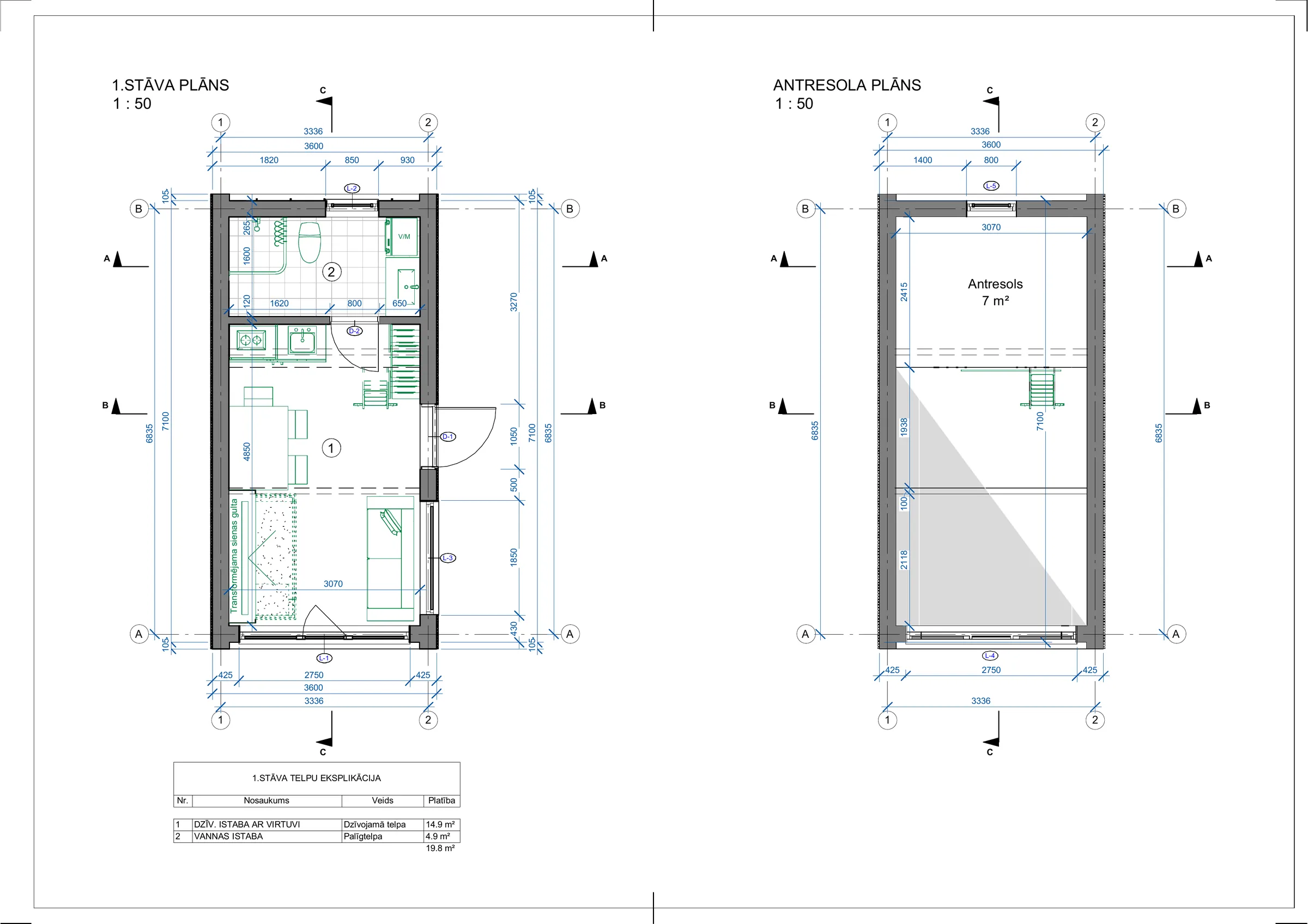 20 m² ar Mansarda stāvu plānojums