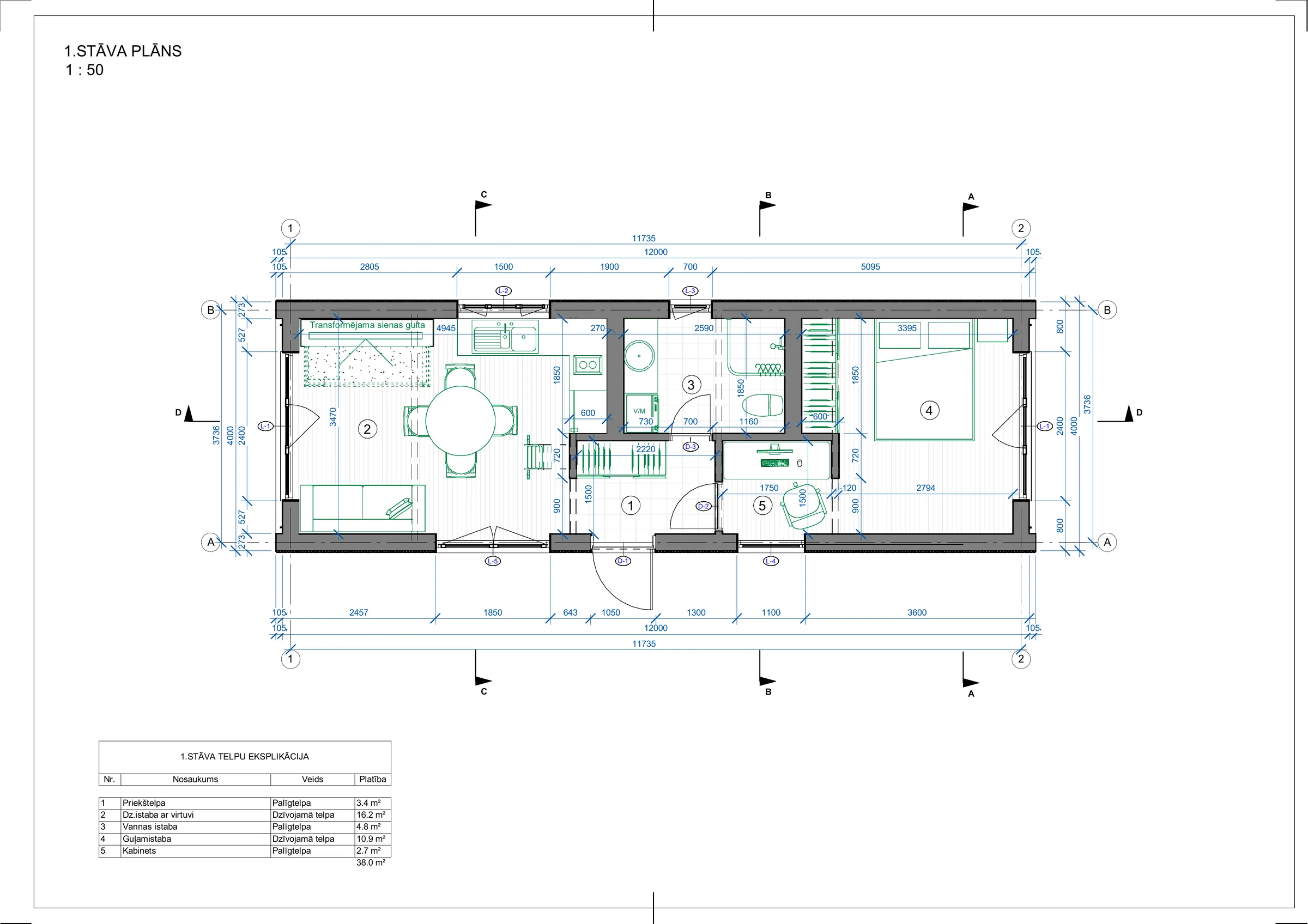 38 m² ar Mansarda stāvu plānojums