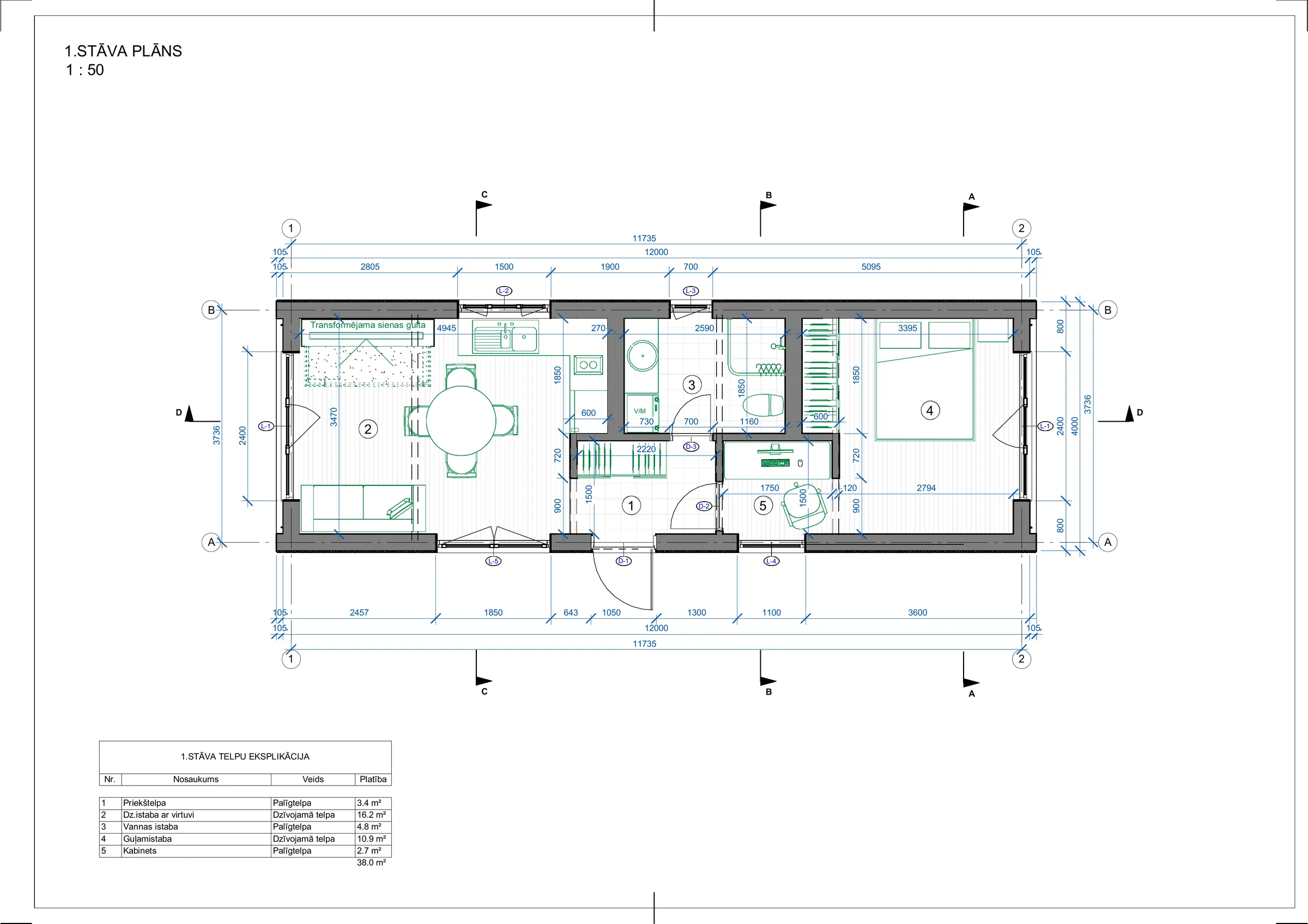 38 m² ar vienu guļamistabu un kabinetu plānojums
