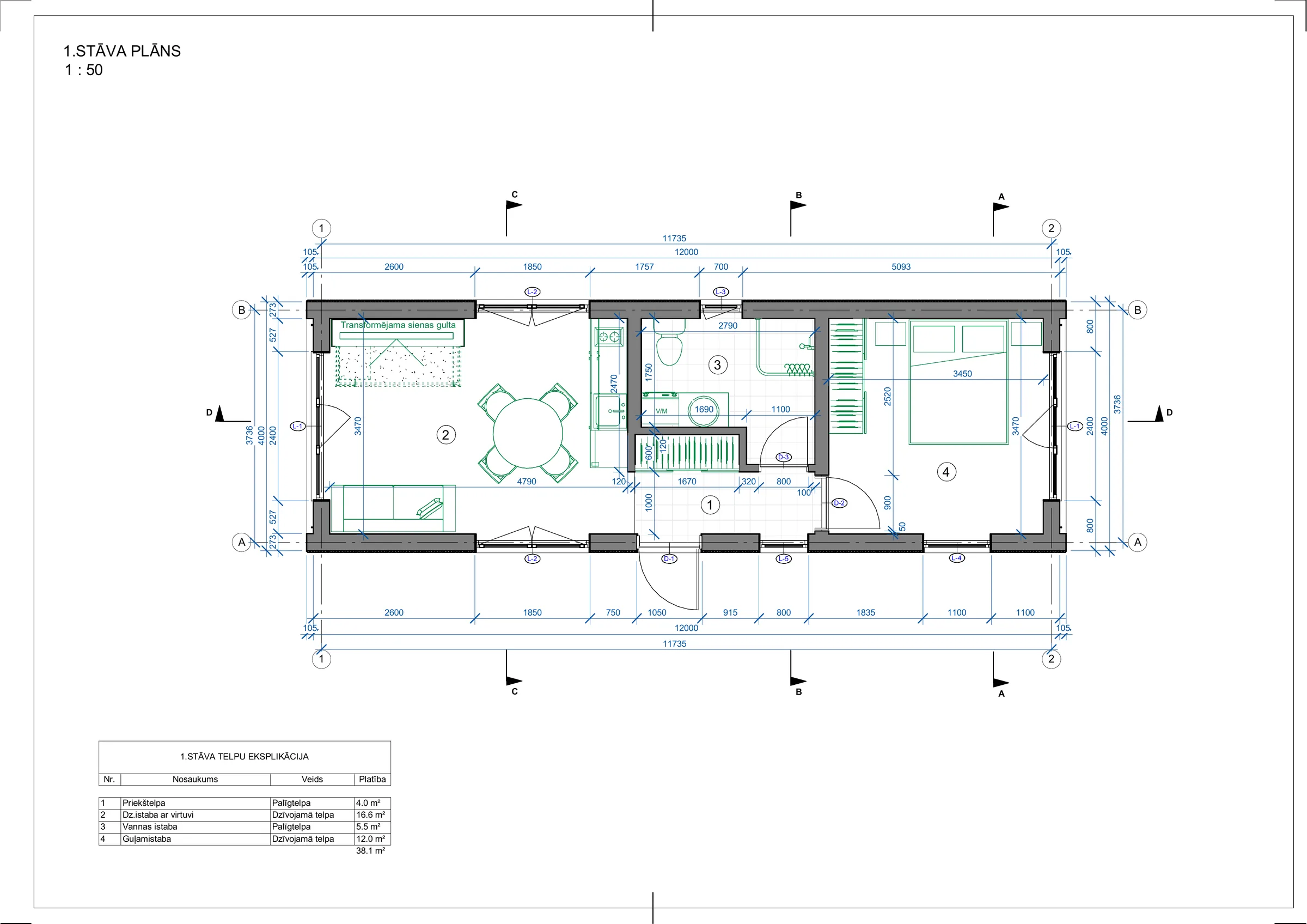 38 m² ar vienu guļamistabu plānojums