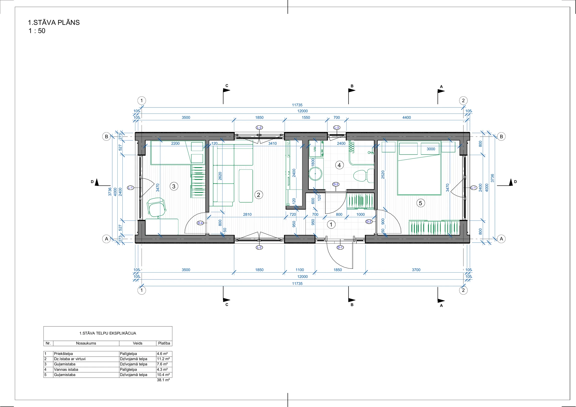 38 m² ar divām guļamistabām plānojums