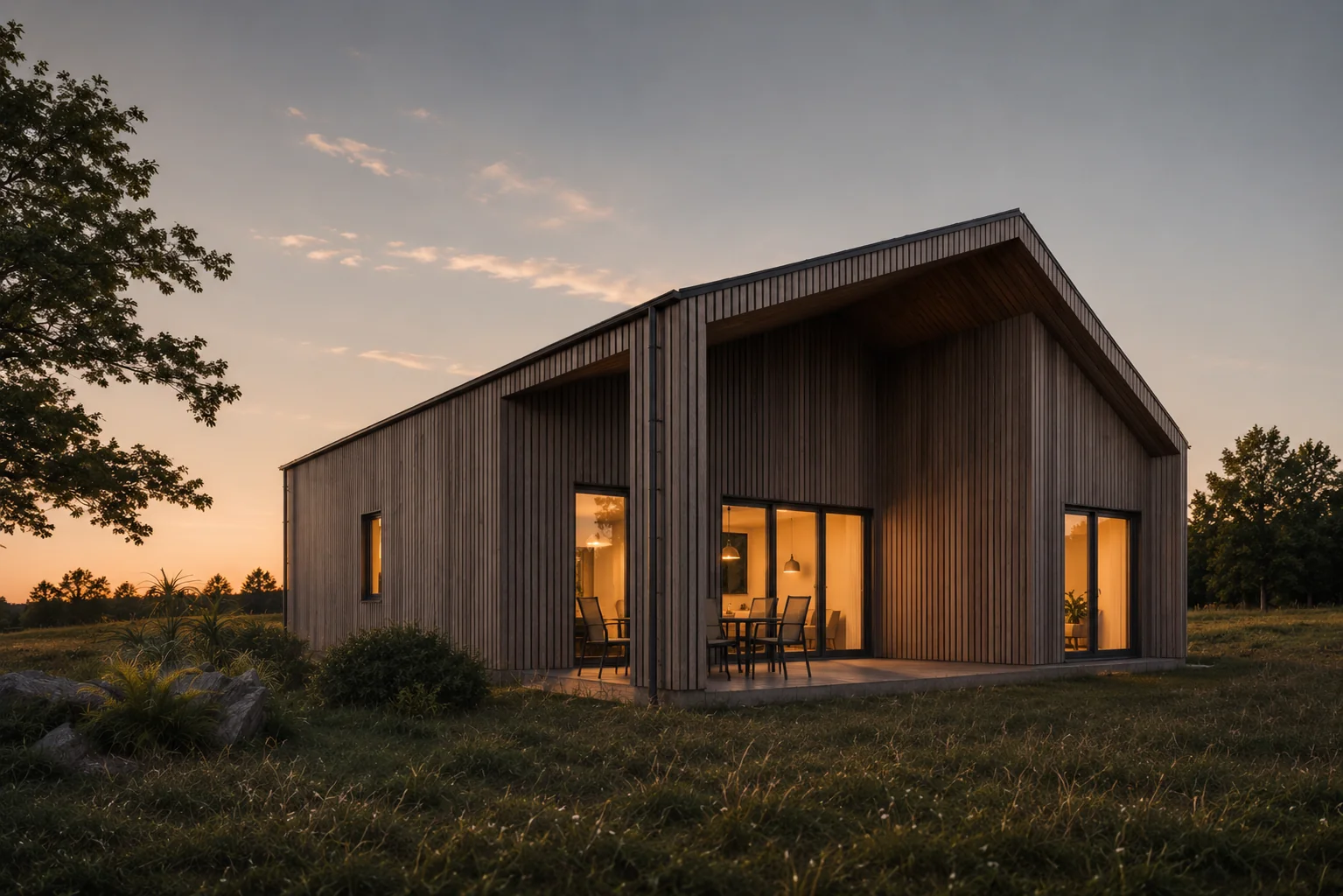 SI House realizēta māja saulrieta gaismā